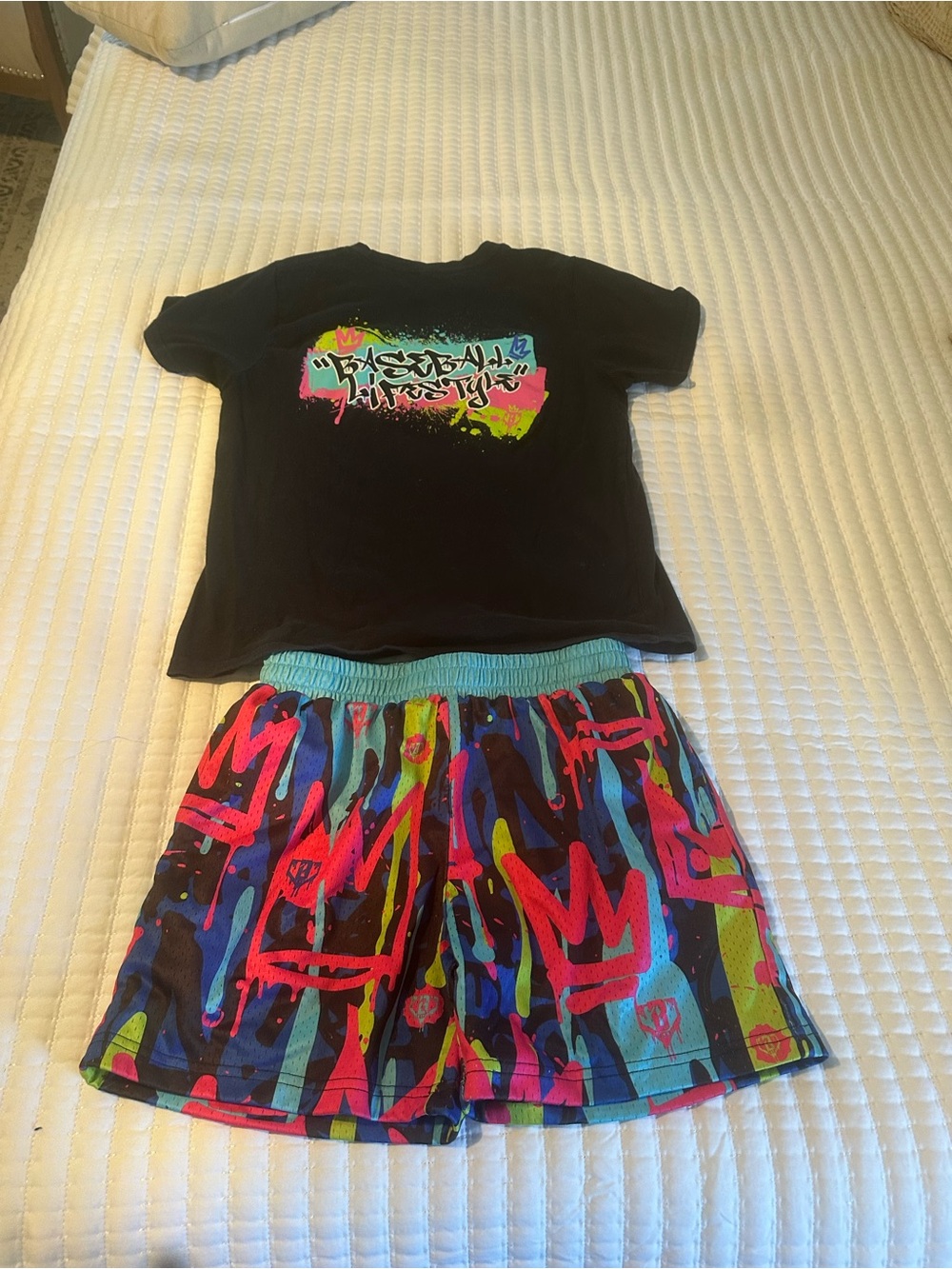 Kids Black Graphic Tee and Multicolor Shorts Matching Set